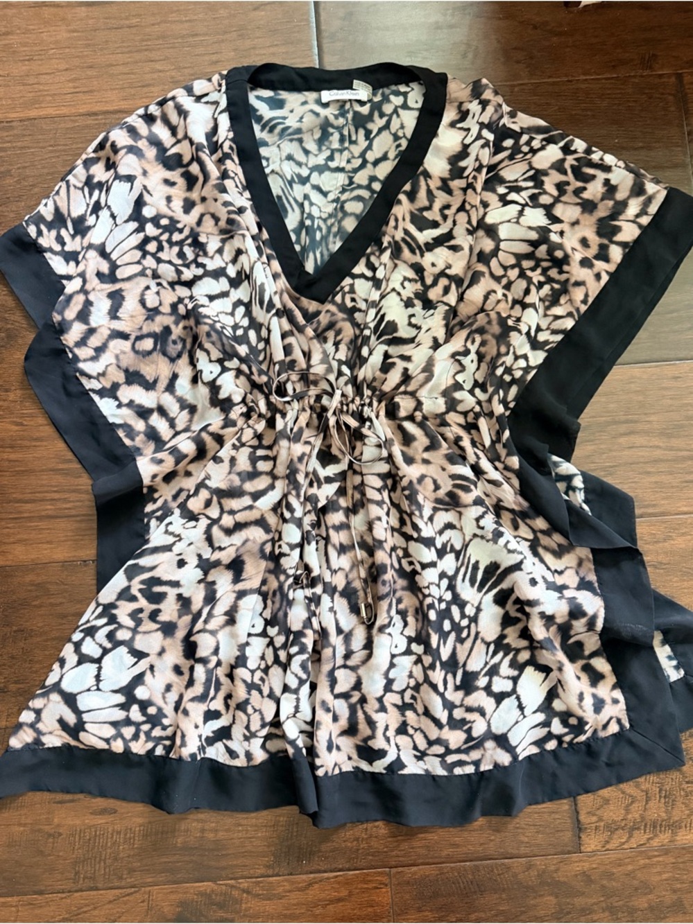 Calvin Klein Leopard Print V-Neck Drawstring Swimsuit Cover Up Tunic Dress